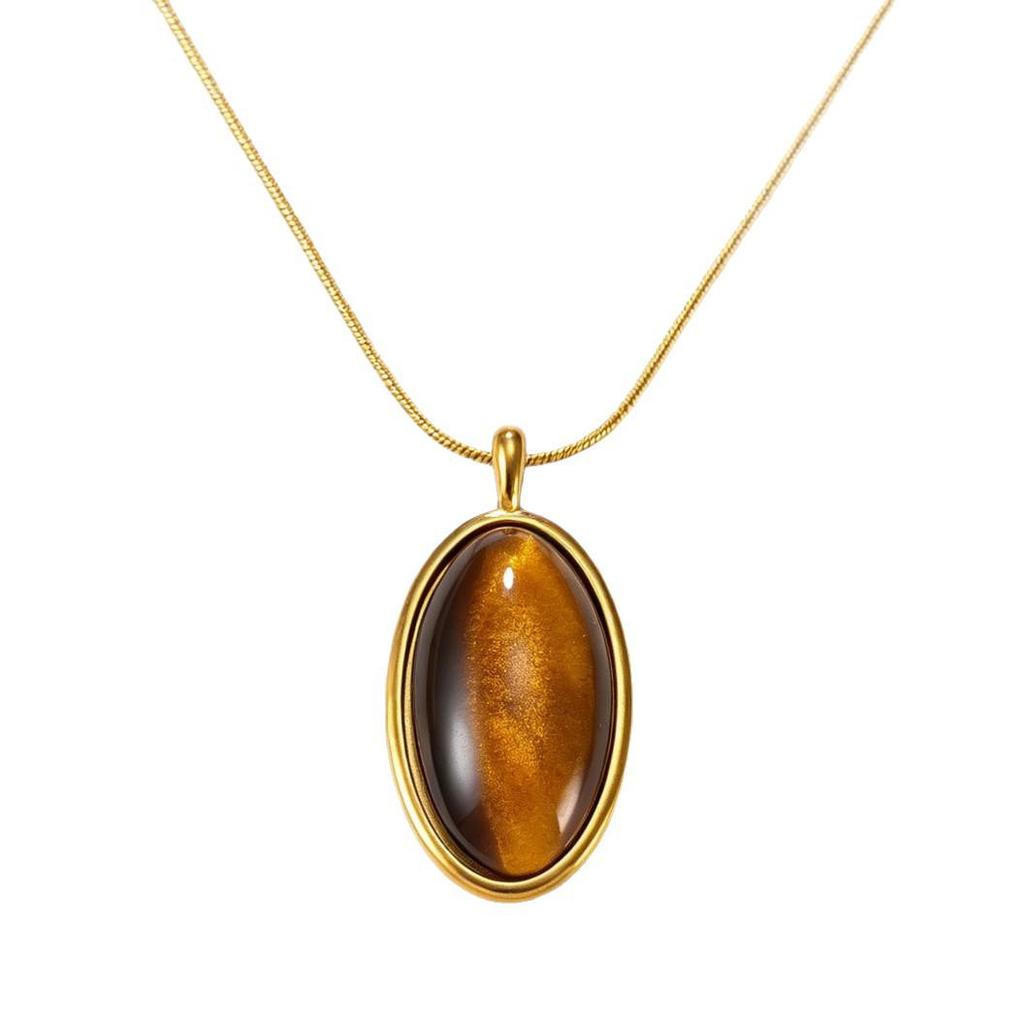 18K Gold Plated Geometric Tiger Eye Stone Necklace - Retro Personality, Colorfast Stainless Steel Sweater Chain