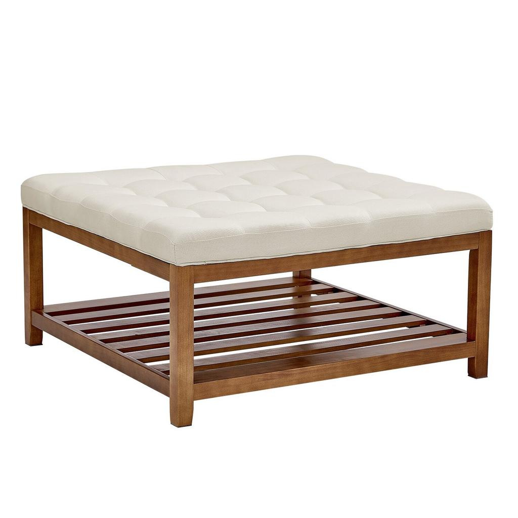 VEVOE Large Square Ottoman Coffee Table, 87.5 Cm Tufted Coffee Table with Solid Wood Shelf Storage, Linen Solid Upholstered Footrest Ottoman for