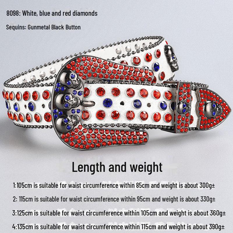 Curea de lux cu cataramă cu strasuri și craniu închis la culoare, cu paiete și diamante