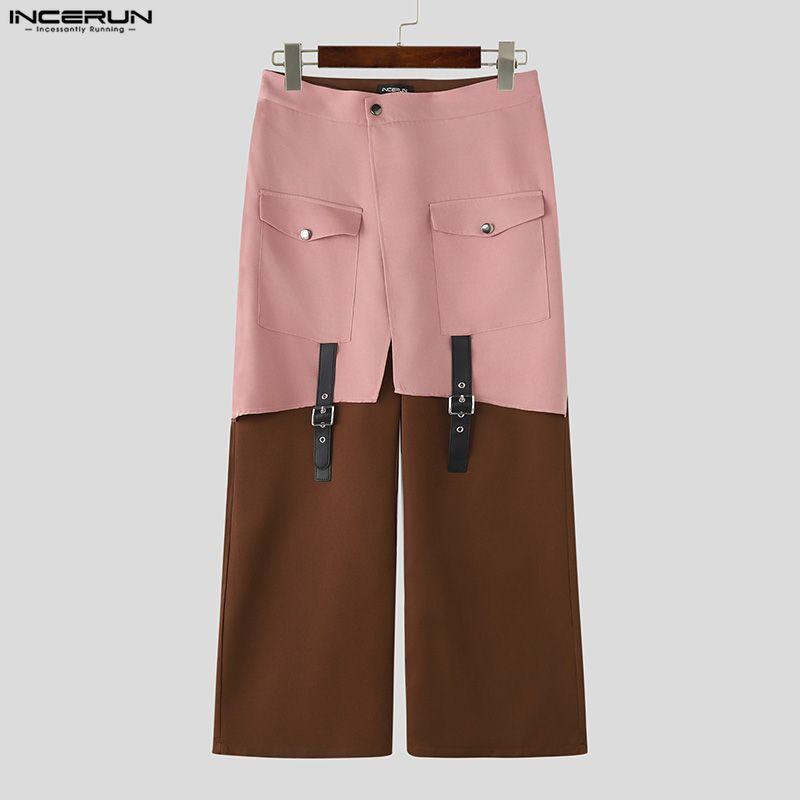 INCERUN Men High Wrap Waist Patchwork Zip-up Casual Loose Long Wide Legs Pants Trousers