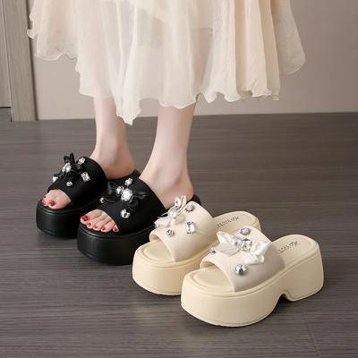 8CM Women's Crystal Flower Platform Slides Bowtie Sandals Wedge High Heel Summer Crystal Beach Slippers Comfortable Lady Shoes