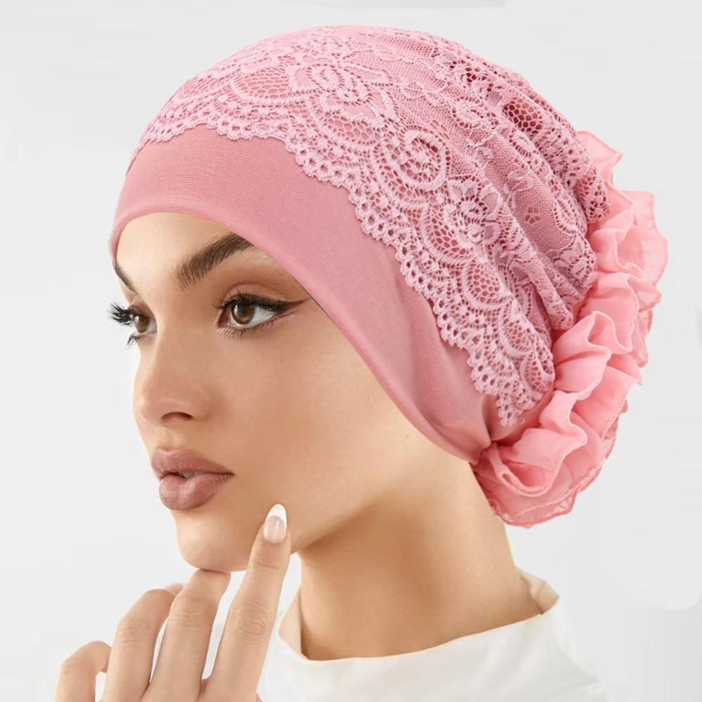 Elegant Headscarf Hat Lace Edge Women's Hijabs Flower Design Pullover Hat  Women Headwear