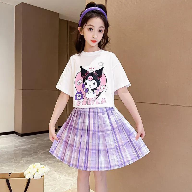 Girls' Summer Preppy Short Sleeve Top & Pleated Skirt Set