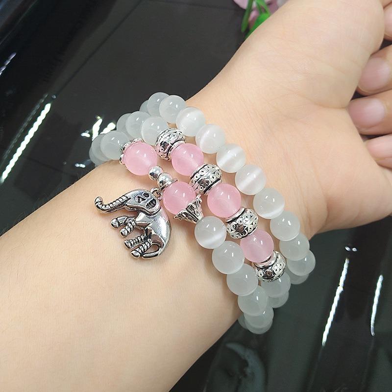 Crystal Opal Multi-loop Bracelet Women's Pink Bracelet Elephant Pendant Jewelry
