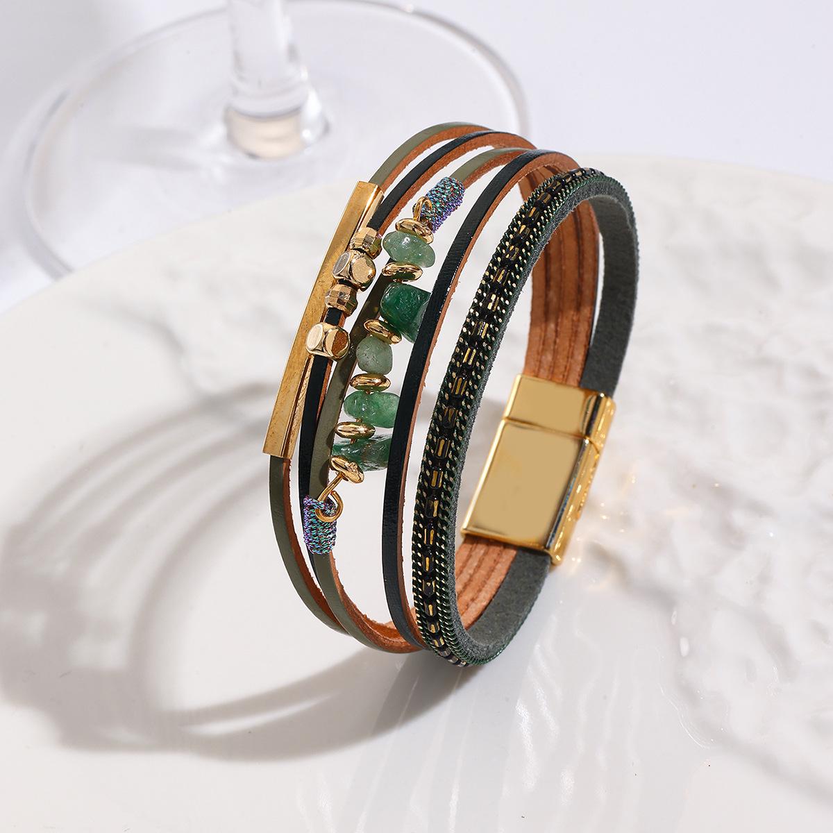 

Богемский браслет из чипсов с цветовыми блоками и магнитной застежкой – ПУ кожа, трендовый нишевый дизайн зелёный