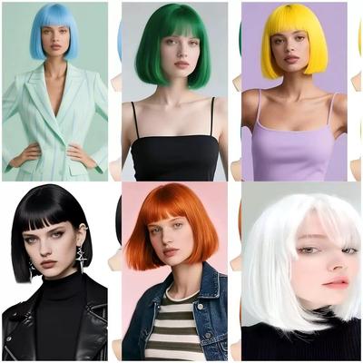 Europejska i Amerykańska Moda Damska Elegancka Prosta Peruka Bob, Krótka Prosta Peruka w Stylu Uczennicy, Włosy z Włókna Odpornego na Wysoką Temperaturę