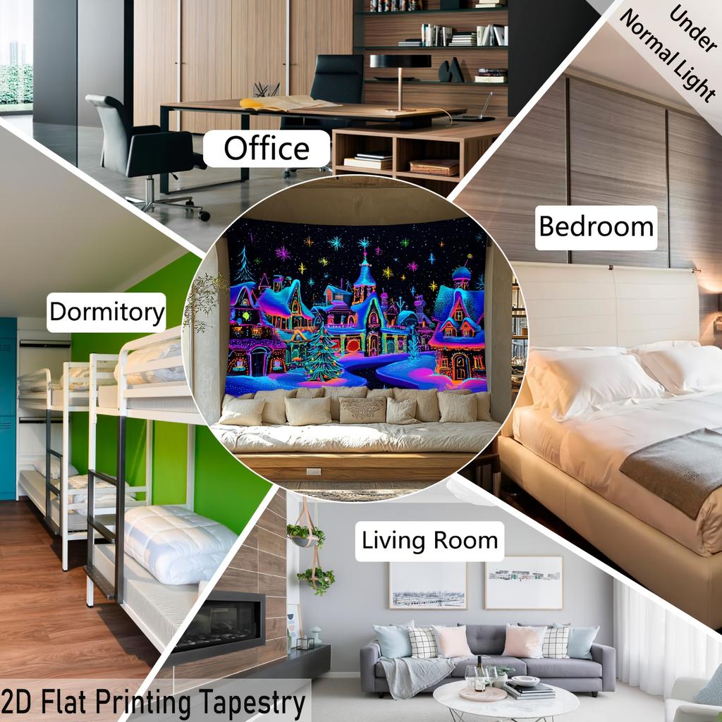 Christmas Dreamy Snow Fluorescent Tapestry Outer Space Polyster UV BlackLight Tapestry, Wall Hanging For Living Room Bedroom Office Home Decor