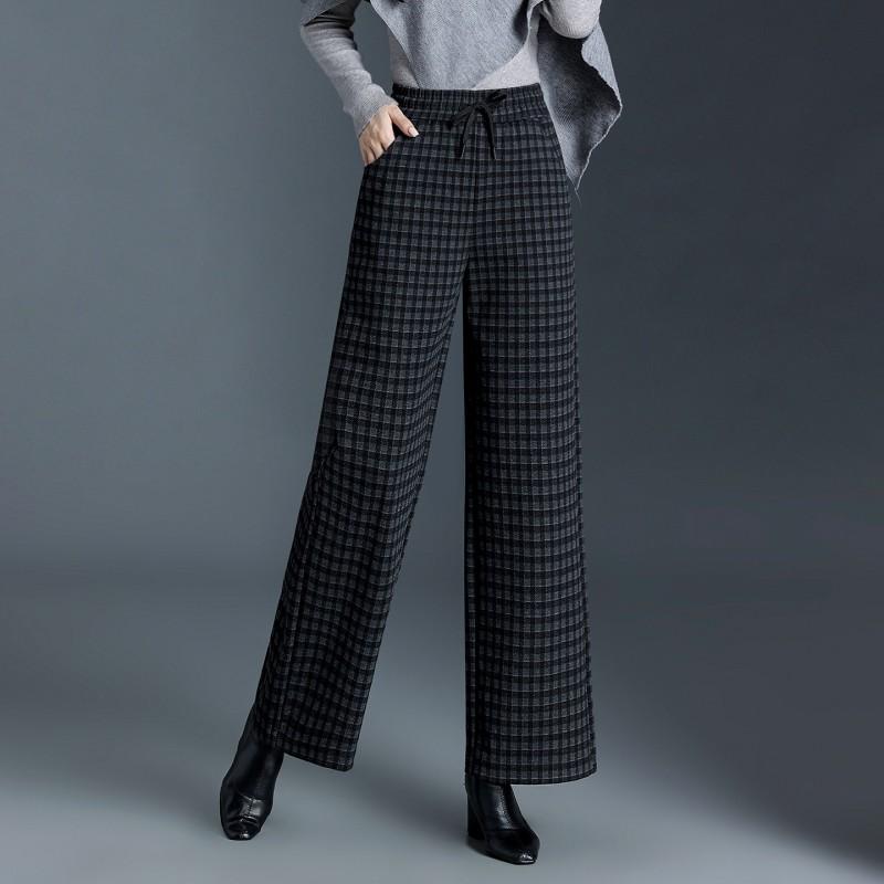 Womens High-Waisted Wide-Leg Wool Blend Plaid Trousers Fall Winter 2026 Loose Straight Cut Comfortable Casual Pants