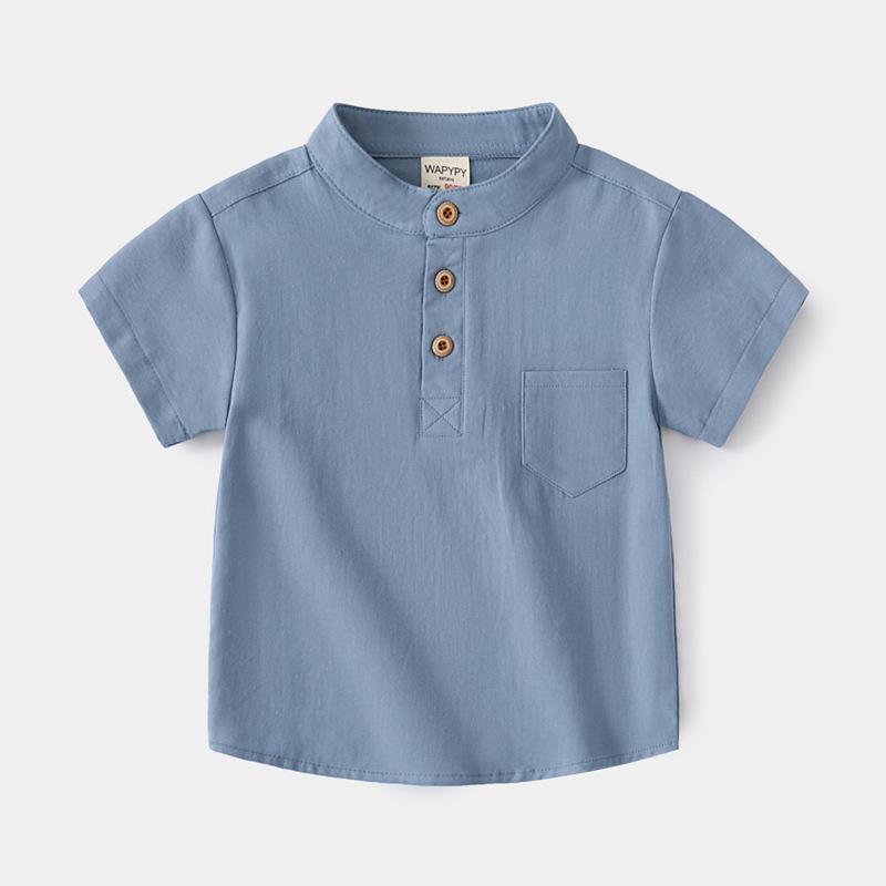 Boys' Summer Short-sleeved V-neck Shirt Middle and Small Children Solid Color Casual Tops