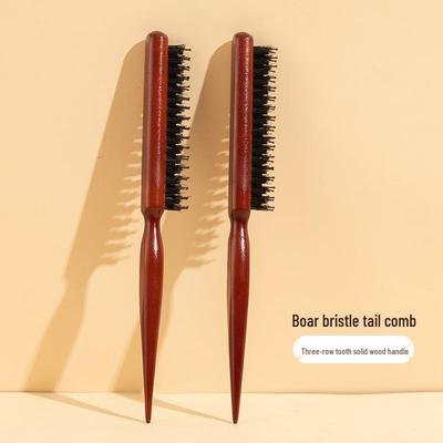 Three-Row Boar Bristle Wooden Comb for Styling, Updos, and Teasing Curly or Fluffy Hair