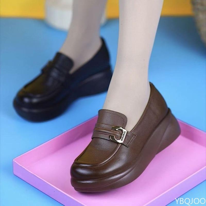 Women'S Single Shoe Retro Leather New Thick Soled British Loafers Round Toe Comfortable Sloping Shoes  De Mujer Platform