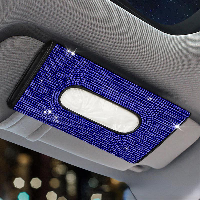 Bling Crystal Rhinestone Leather Car Tissue Holder, Sun Visor Backseat Napkin Case, Auto Storage Accessory