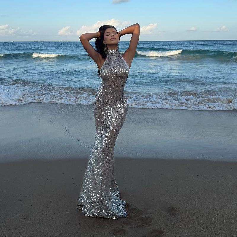 Shiny Sequin Backless Maxi Dress Women Sexy Halter Backless Lace Up Hip Package Mermaid Dresses 2025 Summer Beach Vacation Robes
