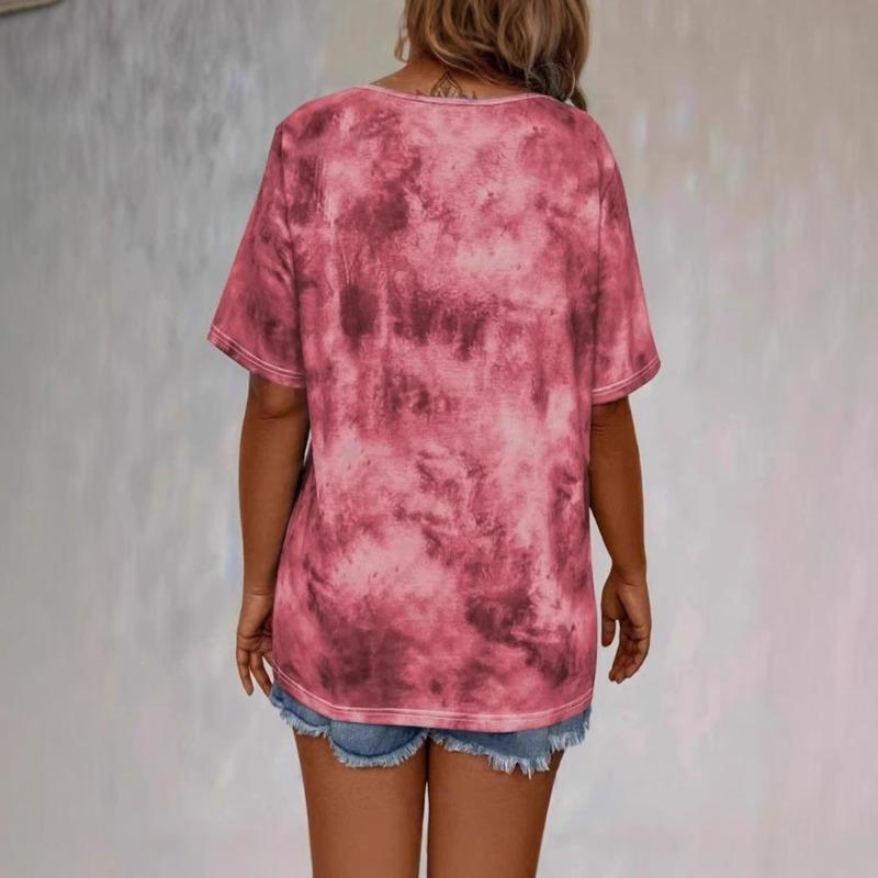 Spring and Summer New Women's Tie-dyed Printed Rope Casual and Fashionable Short-sleeved T-shirt