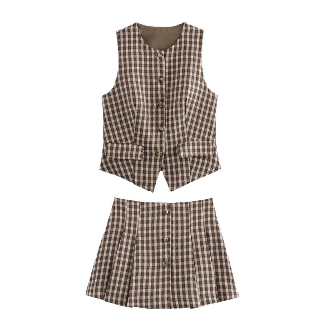 2025 Early Spring Plaid Vest & Pleated Skirt Set for Women