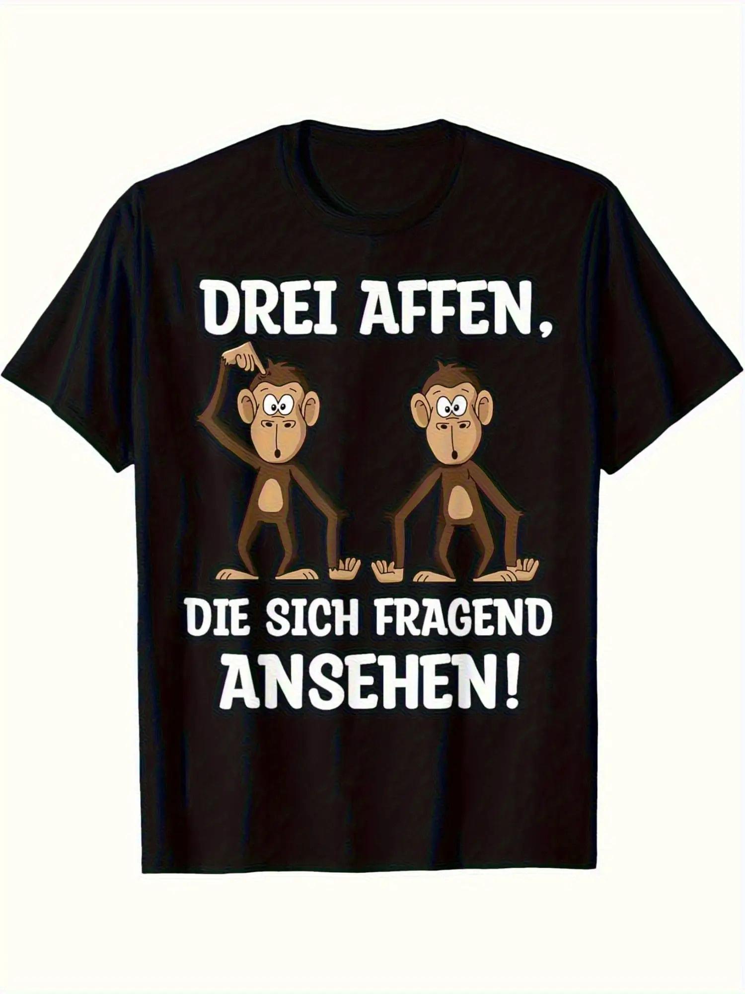 

Мужская футболка с ретро-узором и интересной немецкой цитатой: Три обезьяны с любопытством смотрят! Летние виды спорта на открытом воздухе - М... S разноцветный