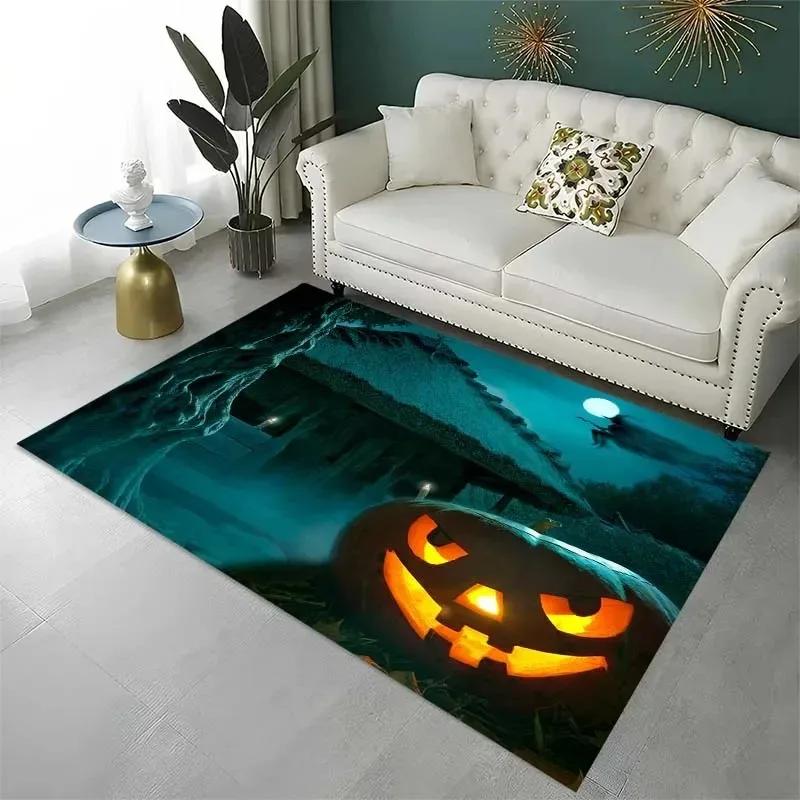 Spooky Ghost Flannel Area Rug - Glowing Jack-o-Lantern Print, Non-Slip Bedroom Mat, Halloween Home Collection  Home Decor