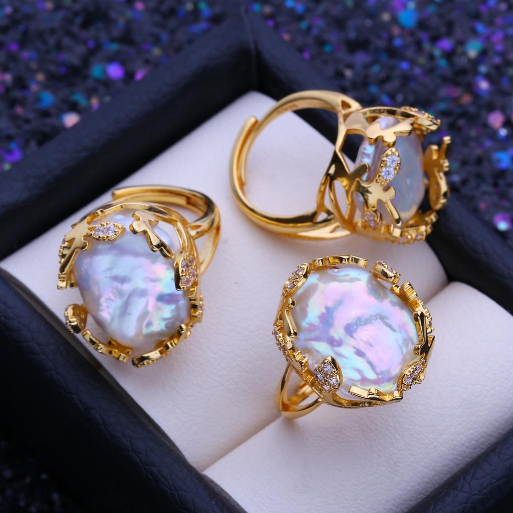 Fenasy Store barokke ringer med naturlige ferskvannsperler for kvinner Mote Damers Kubisk Zirkonia Stor Perlering Gave