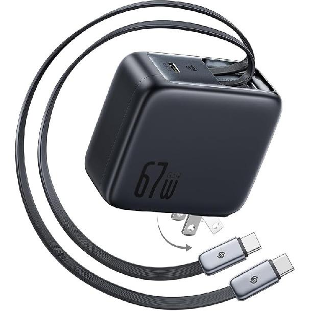 Baseus Retractable USB C Charger, 67W 3 in 1 Fast Charging Block with Foldable Plug, Enercore CJ11 PD/PPS for Galaxy S25/iPhone 17/16/15