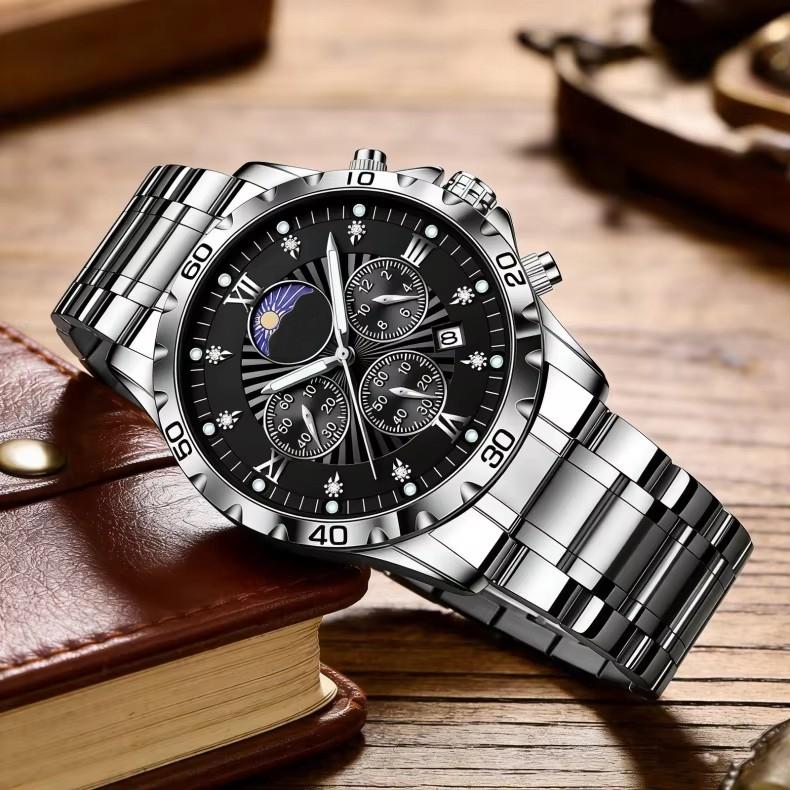 Men's Quartz Watch with Subdials Analog Wristwatch with Date-Display Waterproof Luminous Chronograph Dress Watches Stainless Steel Band