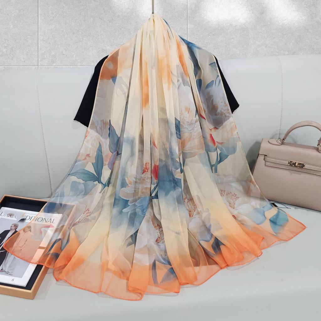 Silk Scarf Folral Women Summer Hijab Luxury Print Sunscreen Shawl Wraps Bandana Ladies Head Scarves Large Foulard Echarpe