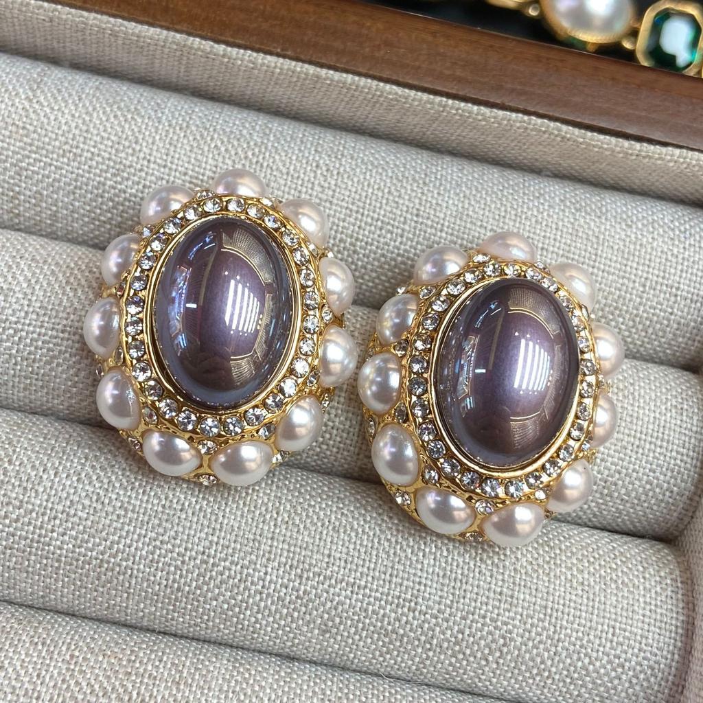 Vintage Vintage High Bright Beads Thick Oval Earrings Medium Antique Elegant Versatile Stud Earrings