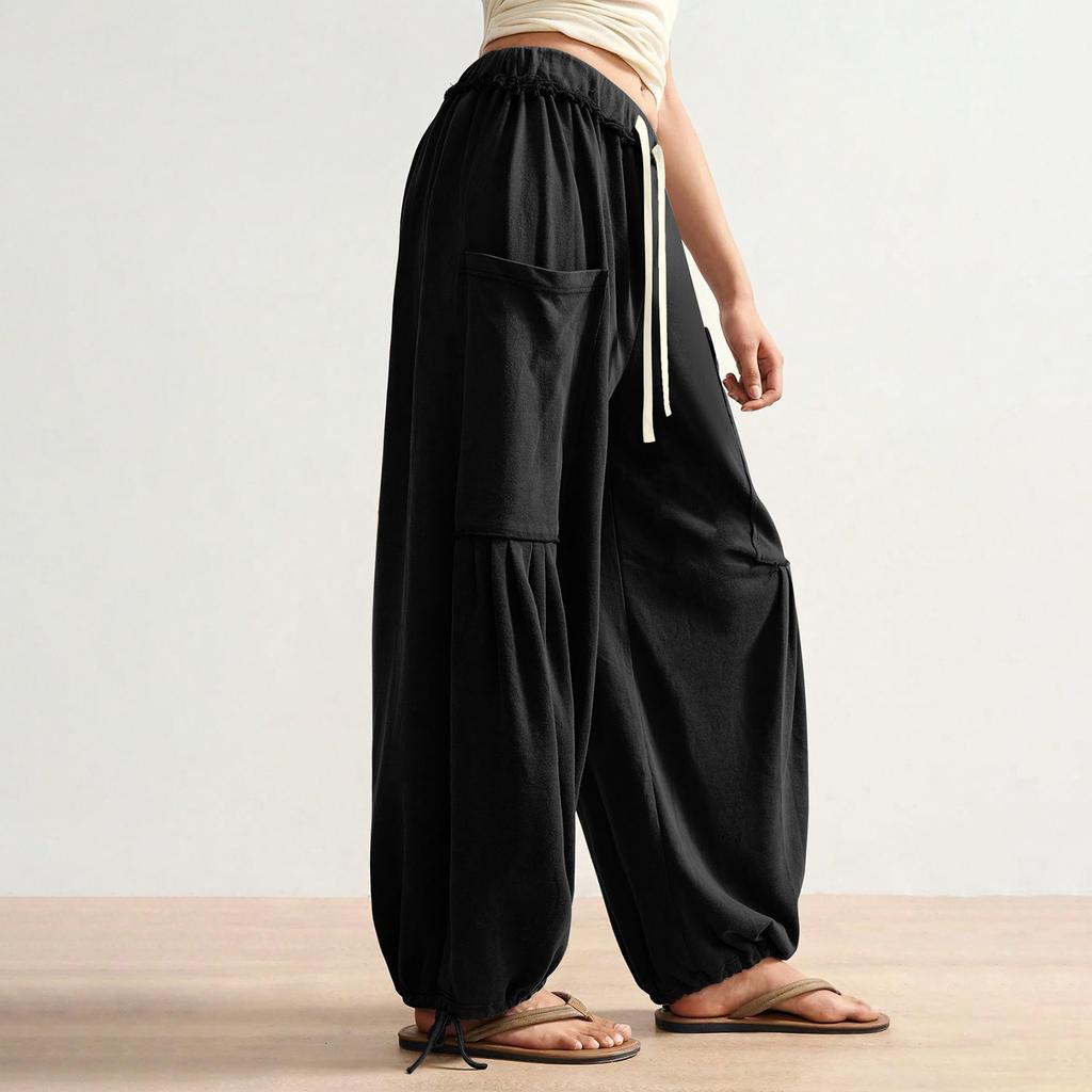 Women's Fashionable Loose Solid Color Elastic Waist Pocket Straight Leg Casual Pants