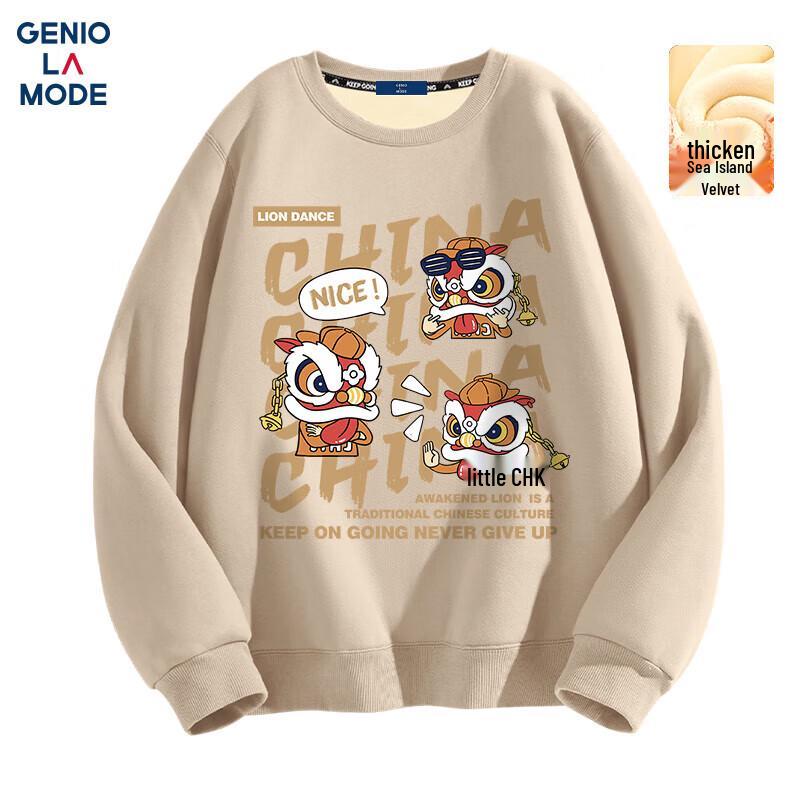 

GENIOLAMODE Men s Chinese Style Lion Dance Fleece-Lined Crewneck Sweatshirt L