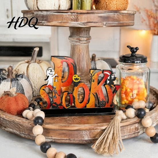 Festive Holiday Desktop Signs Halloween Wooden Tabletop Ornaments Freestanding Solid Wood Letter Signs Decorative Table Centerpiece Thickened