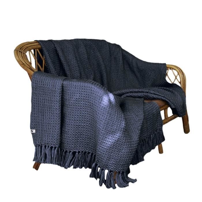 Plaid - Gabin - Bleu Marine - 180 X 220 Cm - 100% PET - Franges 10 Cm