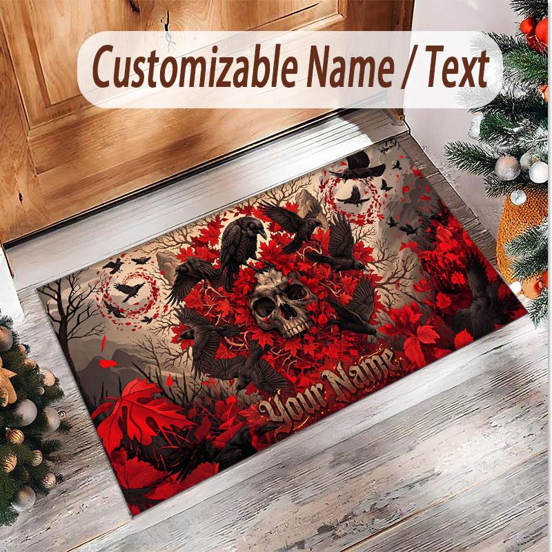 Totenkopf Gothic Thema Weicher Kristall-Samt Teppich Benutzerdefinierter Name & Text Druck Rutschfester Boden Teppich für Schlafzimmer Wohnzimmer