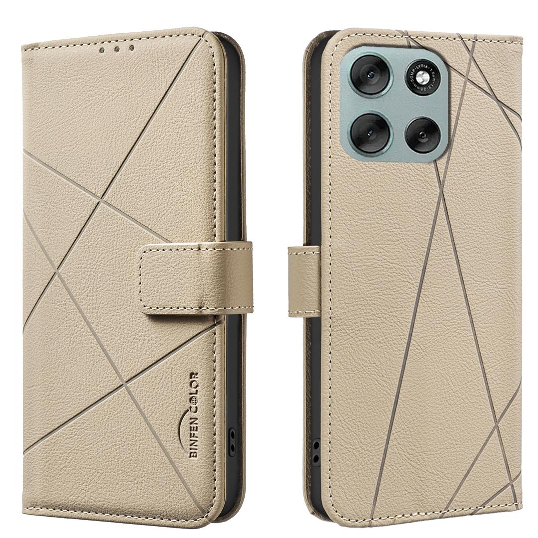 

For Motorola Moto G56 5G Case BINFEN COLOR BF35 Geometry Imprinted Leather Phone Cover RFID Blocking Wallet Stand Beige