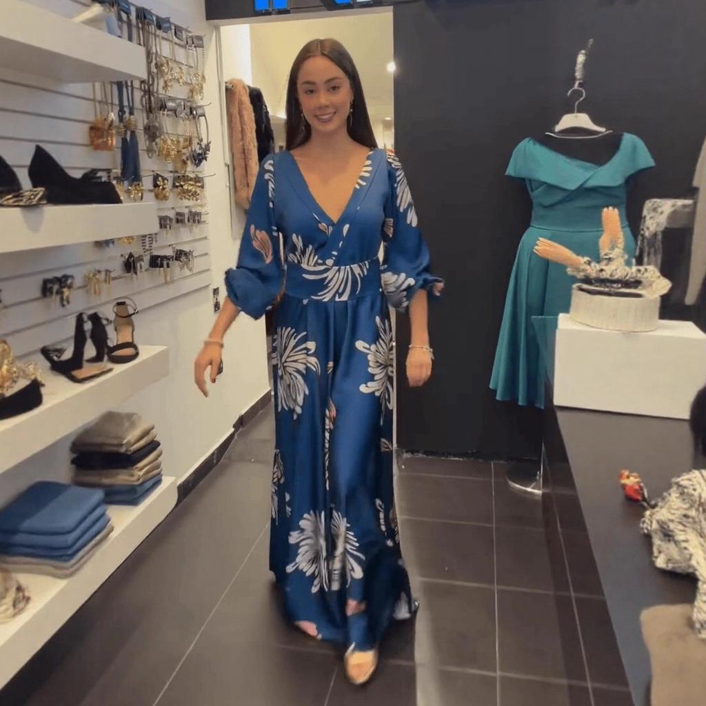 European and American Women's Clothing New Fashion Printed Bubble Sleeves V-neck INS Style Casual Pendulum Dress Long Dress