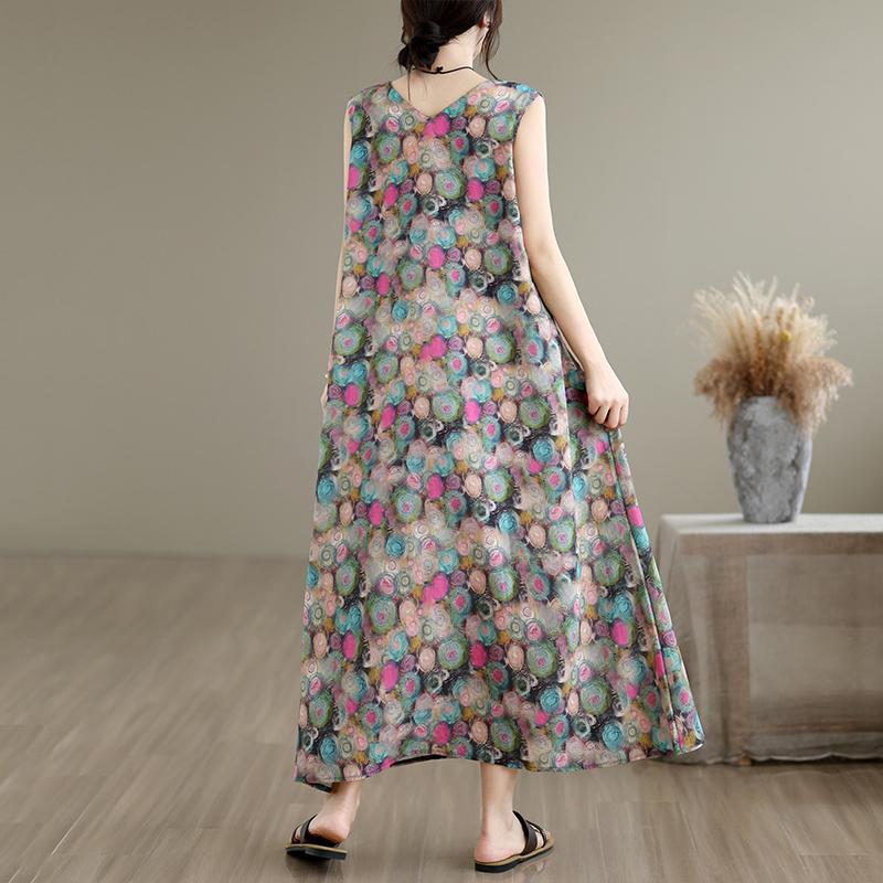 DIMANAF New 2026 Women Plus Size Summer Lady Long Dress Vest Sleeveless Pockets Loose Oversize Maxi Floral Print Sundress Beach Clothing