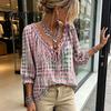 Boho Koszulki Damskie z Dekoltem V na Lato, Casualowa Koszula, Bluzka z Koronką i Rękawem 3/4, Kraciasta Luźna Bluzka z Nadrukiem, Przewiewne Lekkie Top