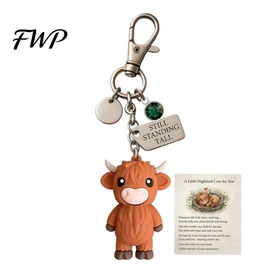 Metal Keychain A Little Highland Cow for You Keychain, 3D Resin Keyring with Birthstone Charm & Sentiment Card, Your Daily Reminder of Quiet Strength