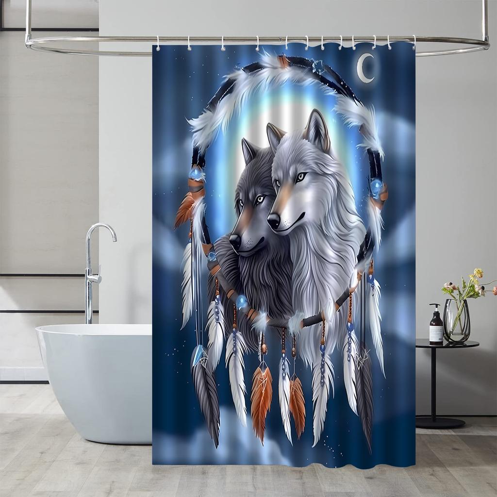 Wolf Dreamcatcher Shower Curtain Native American Art Feather Design Spiritual Decor Waterproof Fabric Bath Curtain Set Home