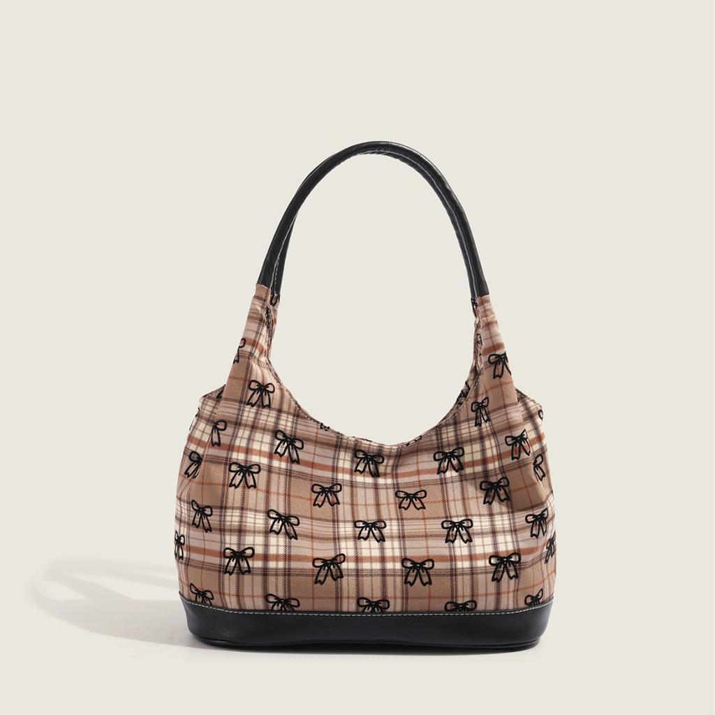 Korean Ins Plaid Bow Canvas Bag for Women Fashion and Fashionable Versatile One-shoulder Underarm Bag