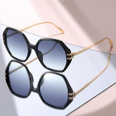 Elegant Geometric Oversized Sunglasses: Black Frame with Gold Metal Temples, Gradient Blue Lenses for Women