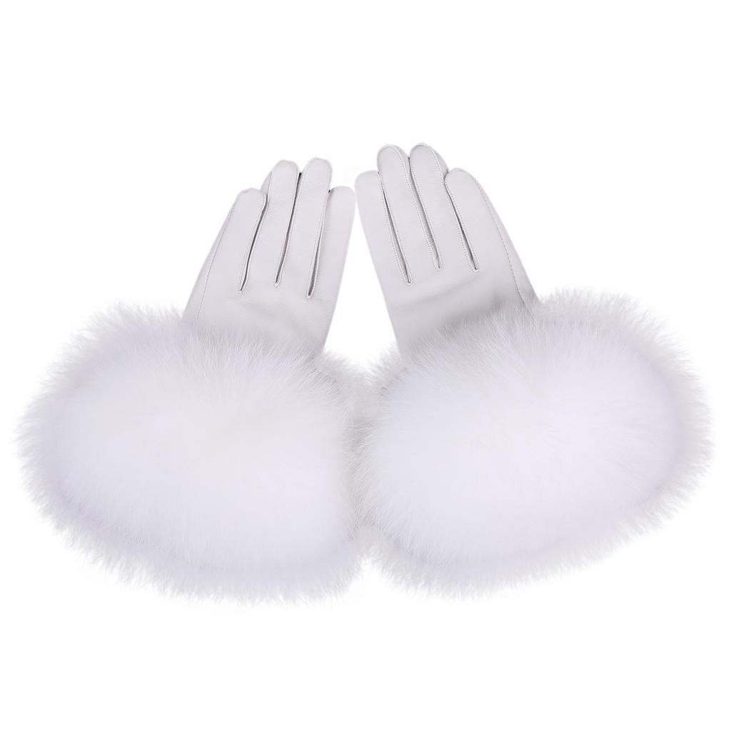 Women Genuine Lambskin Leather Gloves With Real Fox Fur Trim Cuff Winter Warm Driving Gloves-Velvet Lined