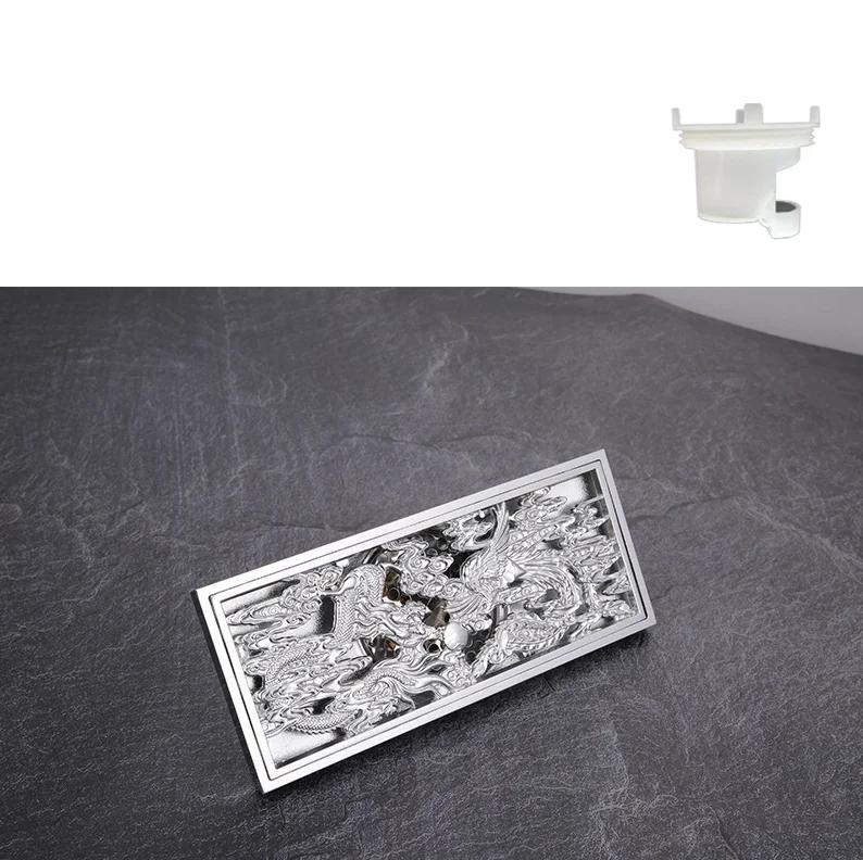 

Bathroom floor drain copper antique dragon phoenix picture cover large displacement floor drain 20cm long strip odor-proof drain
