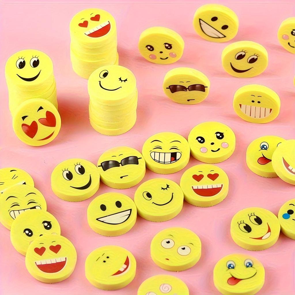 36pcs Smile Face Erasers - with Happy, Sad, Surprised Expressions - Bright Yellow - No Residue Cleaning - Office, School