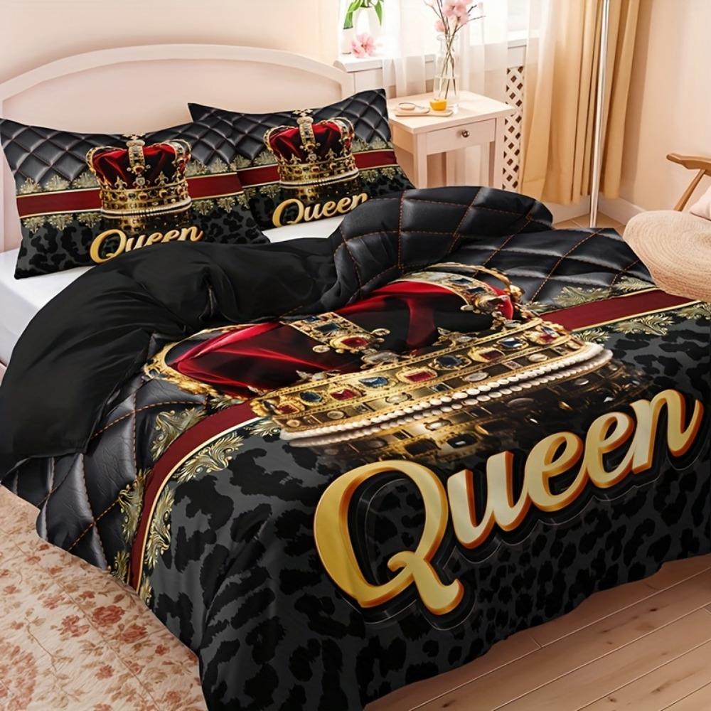 3pcs Black Bedding Set Queen Crown Print King Queen Double Full Twin Single Size Duvet Cover Set 2 Pillowcases for Birthday Gift