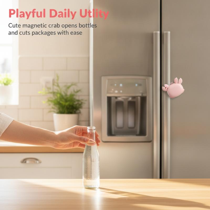 Cute Crab Shaped Multifunctional Bottle Opener With Magnetic Back Built In Mini Scissors Box Cutter For Home Kitchen Daily Use