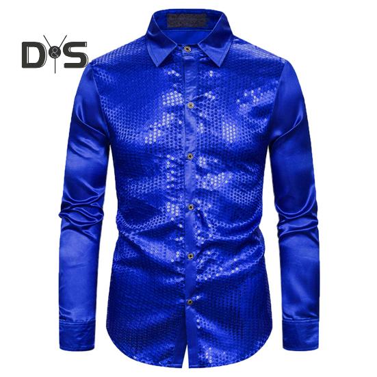

Мужская рубашка для клубных танцев, однобортная, с блестящими пайетками на лацканах, облегающая, с цветными полосками, глянцевая, с длинным рукавом, для выступлений L синий