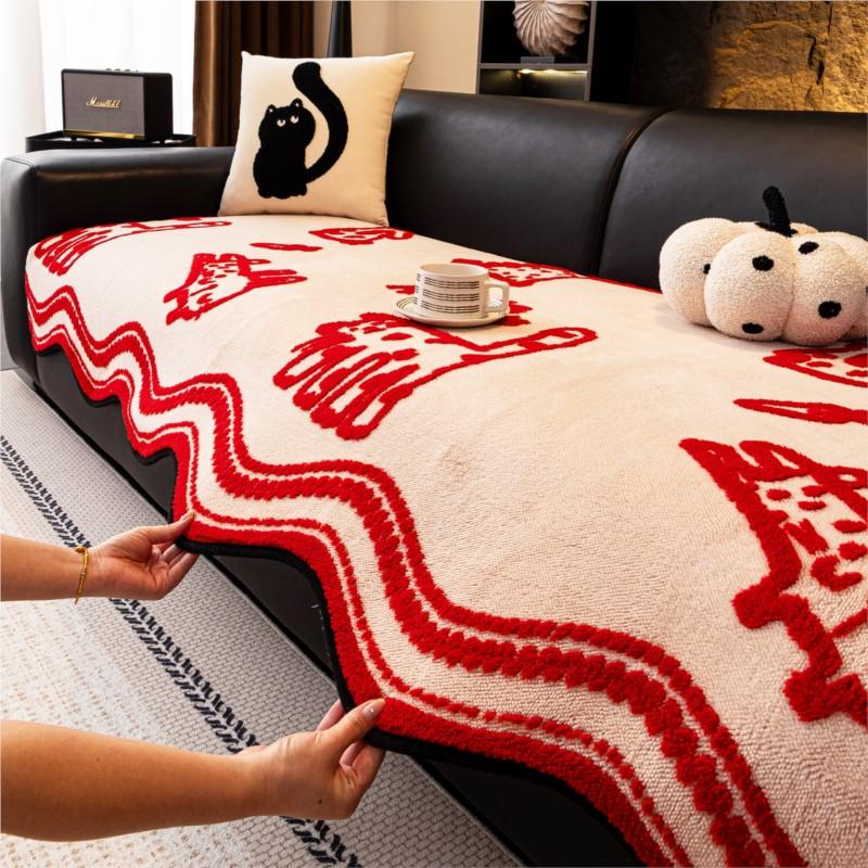 Winter Plush Non-Slip Cute Pattern Sofa Throw Cover Cartoon Dog Sofa Cushion Soft Fuzzy Furniture Protector Couch Pad Mats