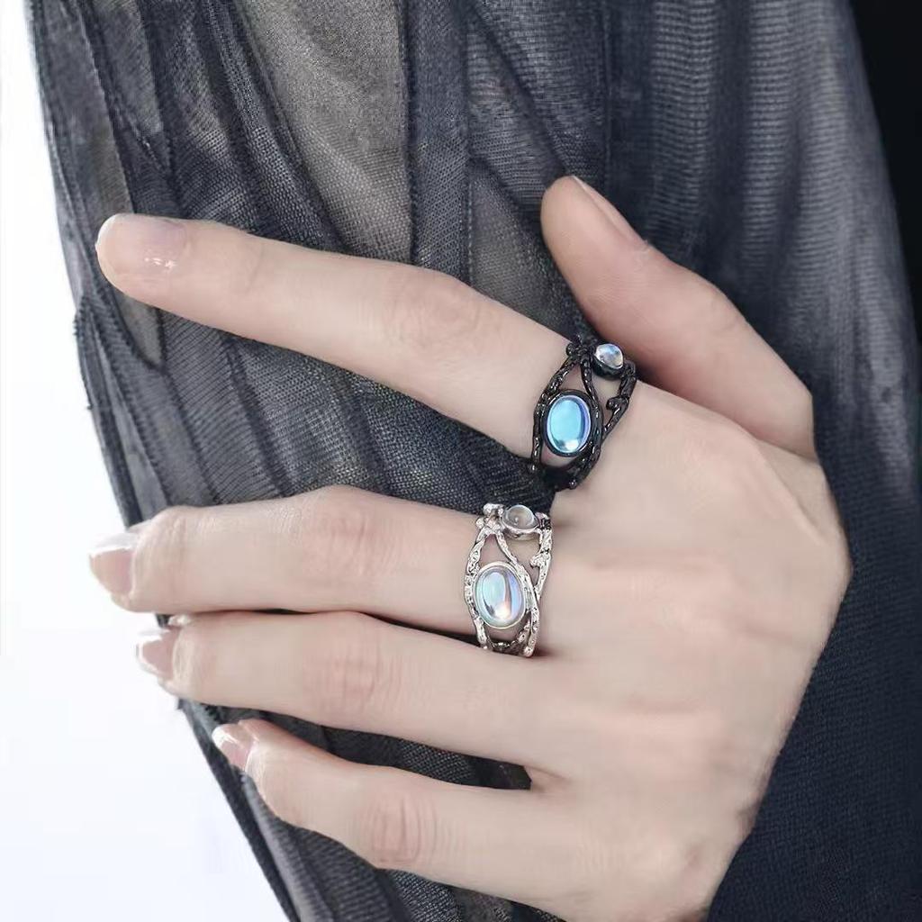 Cross Hand Black & White Moonstone Couple Rings - Retro European American Style for Men & Women