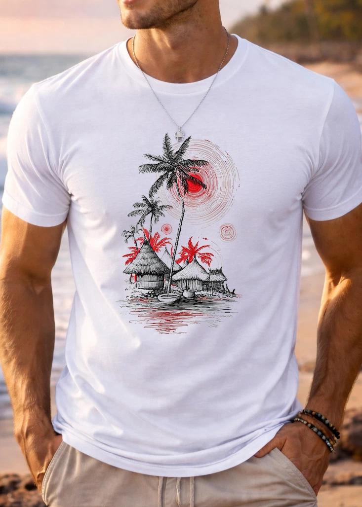 Men’s Tropical Palm Tree Graphic T-Shirt Beach Sunset Island Retro Style size L M