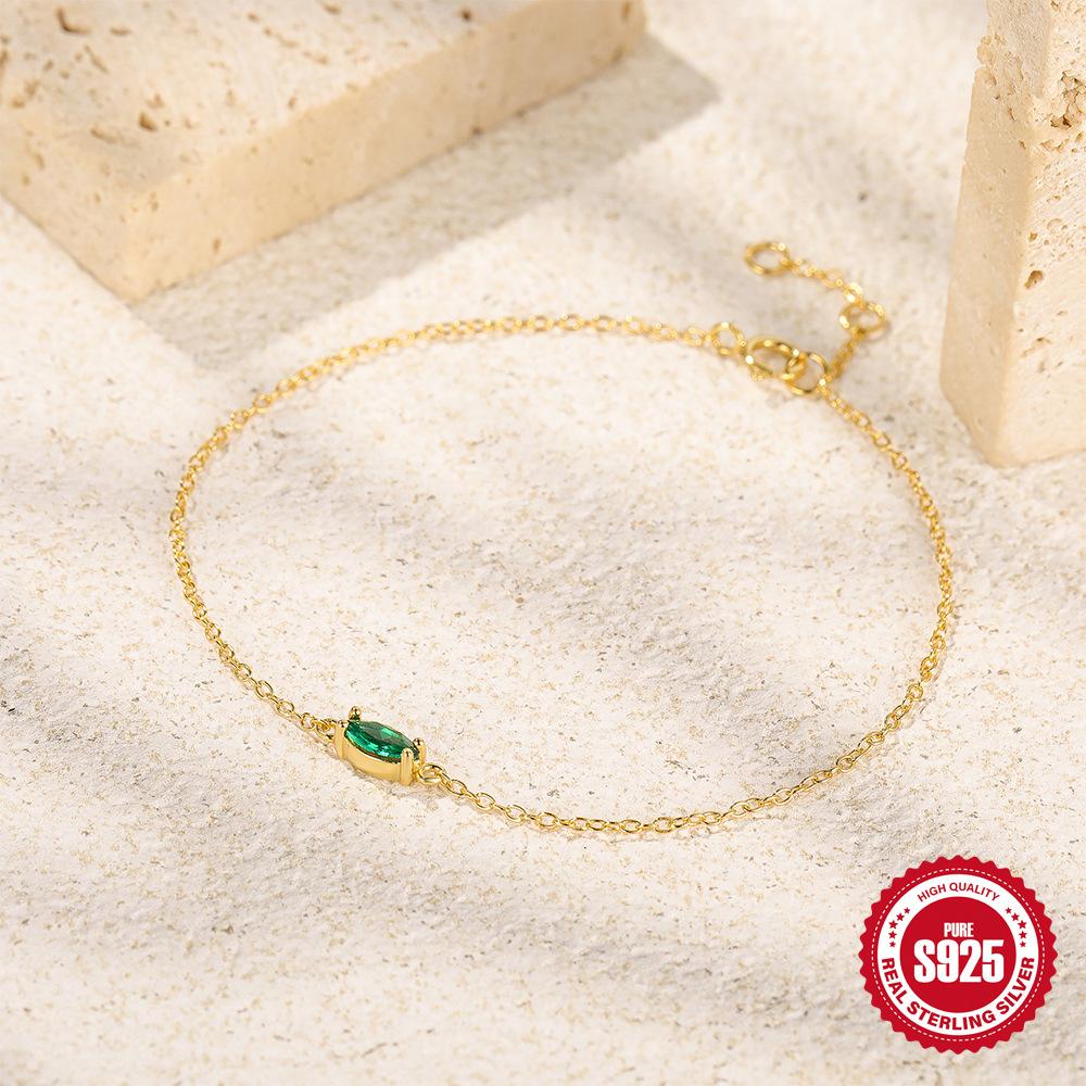 Stylish Sterling Silver 925 Green Diamond-Encrusted Bracelet, Simple O-Chain Zircon Jewelry Women'S Jewelry