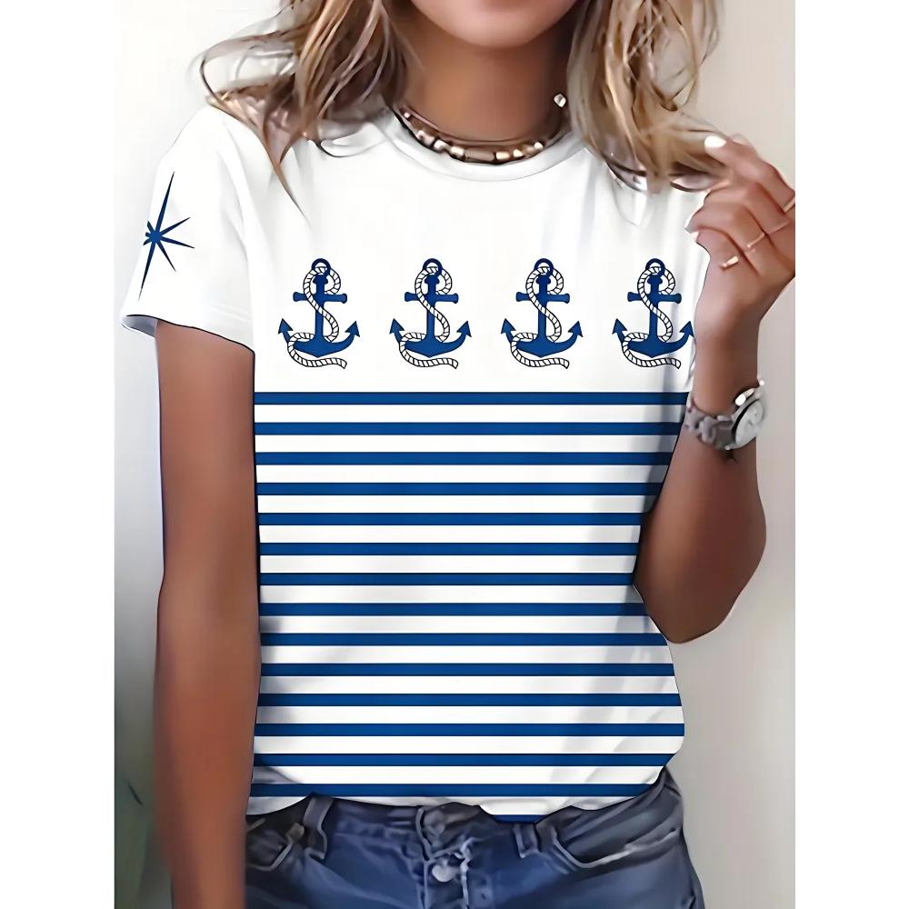 Women s Striped Printed Top Casual Comfort Short Sleeve T-Shirt Versatile T-Shirts Women’s XS